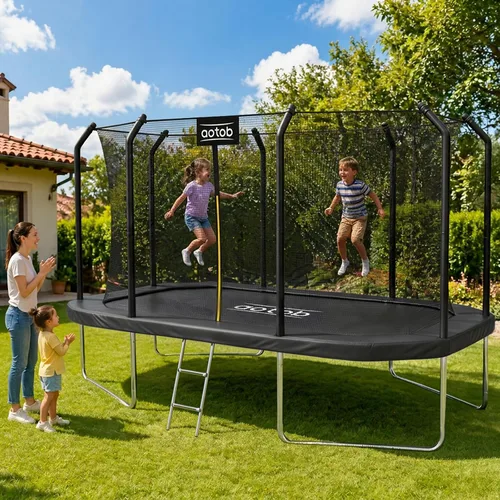 Vista 2 de AOTOB Trampolín rectangular de 12 pies/14 pies – Trampolines perfectos para exteriores para niños – Tranpoline estilo gimnasia con recinto