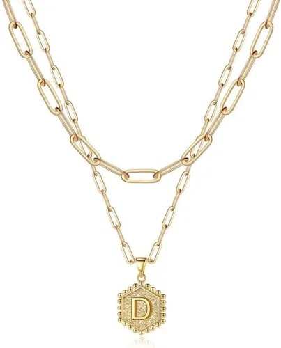 Vista 12 de M MOOHAM - Delicado collar de oro para mujer, de 14 quilates, en capas, lindos collares con letra hexagonal con inicial para mujer, regalos