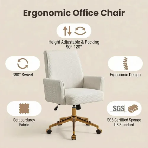 Vista 5 de YITAI Silla de escritorio giratoria de terciopelo de 360°, moderno sillón de oficina en casa con base dorada y ruedas para tocador, cómoda silla