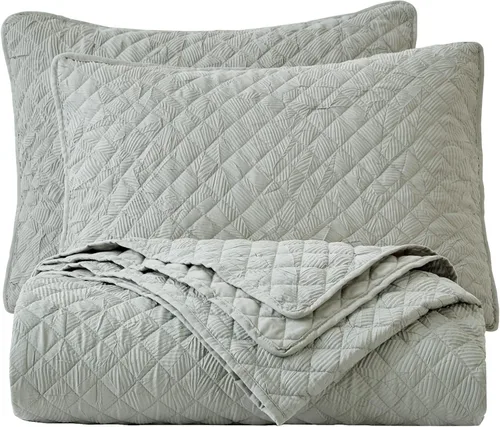 Vista 4 de Chezmoi Collection Pucker - Juego de edredón de 3 piezas, tamaño Queen, color gris, de microfibra suave, ligera, acolchada con diamantes, juego