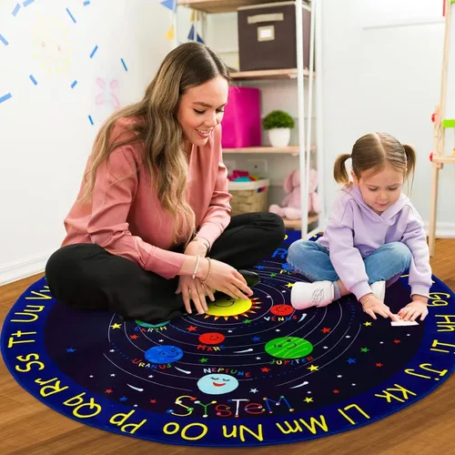 Vista 8 de GlowSol Alfombra redonda para niños de 4 4 pies ABC con diseño de estrellas del alfabeto, alfombra para guardería, espacio exterior, galaxia