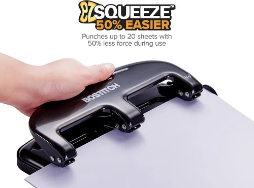 Vista 2 de Bostitch Office EZ Squeeze - Perforadora estándar de 20 hojas, 3 agujeros, construcción metálica, plateado/negro (HP20)