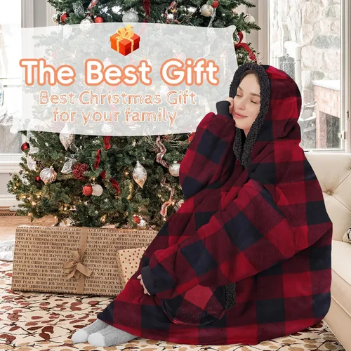 Vista 4 de Zando Manta con capucha 2024, manta para niños y adultos, regalo cómoda, sudadera con capucha de gran tamaño, forro polar Sherpa
