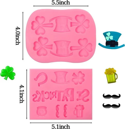 Vista 2 de Moldes de fondant del día de San Patricio, moldes de silicona para sombrero irlandés de trébol, herradura para barba, chocolate para hornear