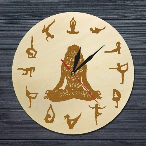 Vista 2 de XDG Reloj de pared de madera para yoga, decoración del hogar, meditación, yoga espiritual, silencioso, sin tictac, yoga, estudio de yoga, arte