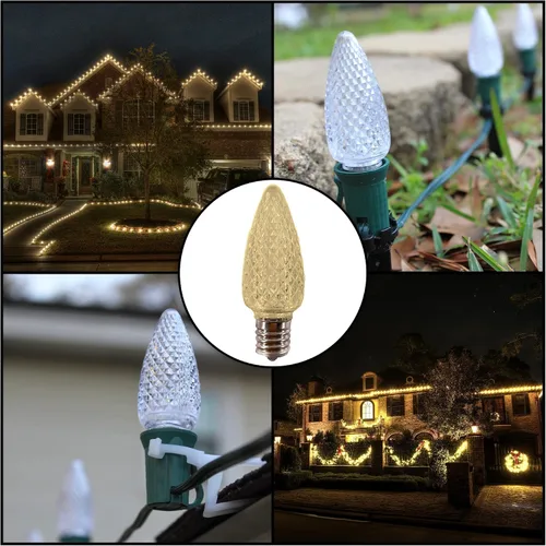 Vista 4 de Bombillas LED C9 de repuesto de color blanco cálido suave (paquete de 25) con forma de vela facetada con forma de vela de grado comercial E17