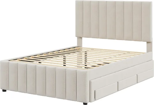 Vista 7 de Cama de plataforma tapizada de tamaño matrimonial con nido de tamaño individual y 3 cajones, plataforma tapizada de tela de lino con cabecero a