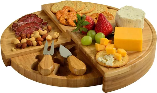 Vista 4 de Picnic at Ascot Tabla de queso de bambú patentada/bandeja para servir charcutería, se almacena como una cuña compacta, se abre a 13 pulgadas