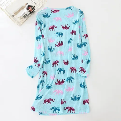 Vista 2 de Lu's Chic Camisón de manga larga para mujer, ropa de dormir de algodón, vestido de dormir hasta la rodilla, lindo ropa de descanso, estampado