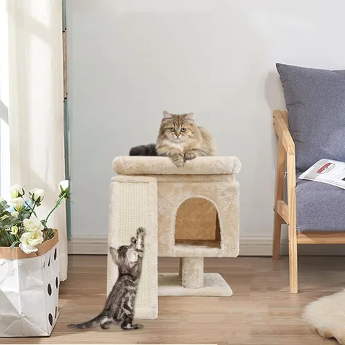Vista 6 de SYANDLVY Árbol pequeño para gatos grandes de interior, condominio para gatitos con poste rascador y tabla, torre de actividades moderna con cueva