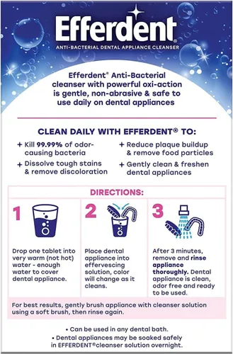Vista 3 de Efferdent Limpiador diario antibacteriano para aparatos dentales, limpieza completa, 102 comprimidos, paquete de 3
