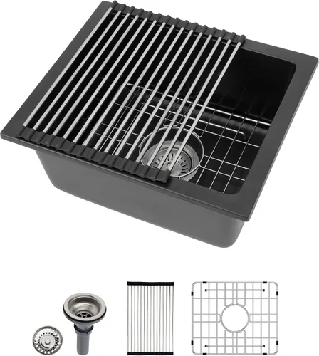 Vista 14 de Dcolora Fregadero de Barra de Composite de Cuarzo de 22 Pulgadas Negro Bajo Encimera Pequeño Fregadero de Cocina de Composite de Granito Prep RV