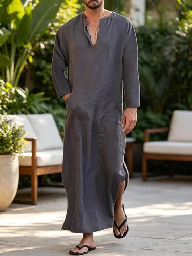 Vista 6 de Jacansi - Bata de cuello en V para hombre, manga corta, división lateral, caftán de algodón, thobe largo, tallas S-3XL Púrpura-gris #1