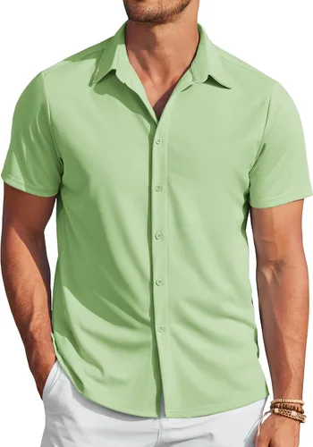 Vista 11 de COOFANDY - Camisas sin arrugas para hombre, casual, manga corta, con botones, de verano, elástica, de vestir