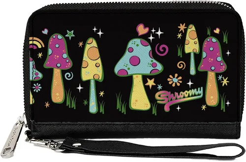 Vista 9 de Buckle-Down Billetera, Cremallera Alrededor, Seta Shspacious Vibrant Garden Negro Multicolor, Cuero Vegano, MUSHROOMS
