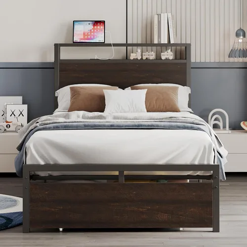 Vista 7 de LIKIMIO - Marco de cama individual con cajón y estación de carga, color marrón oscuro 2-Tier Storage Headboard with Metal Construction Frame, No