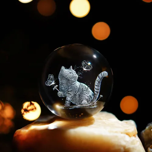 Vista 5 de Bola de cristal de gato 3D con soporte grabada con láser, figura de gatito para regalo
