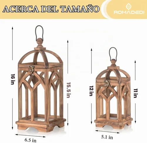 Vista 5 de Romadedi Farol de vela de madera de granja, juego de 2 candelabros decorativos de madera rústica, decoración del hogar, mesa de boda, centro
