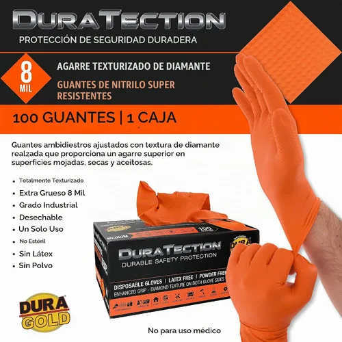 Vista 2 de Dura-Gold Duratection - Guantes desechables de nitrilo con textura de diamante, 8 mil color naranja
