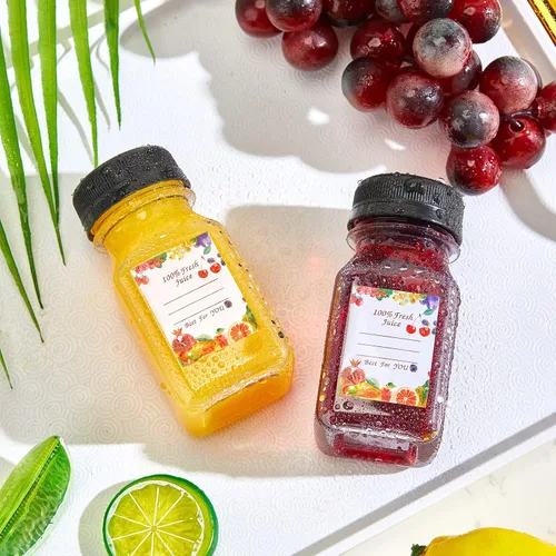 Vista 6 de Potchen 100 botellas vacías de plástico para jugo de 4 onzas con tapas, recipientes reutilizables transparentes a granel para bebidas con etiqueta