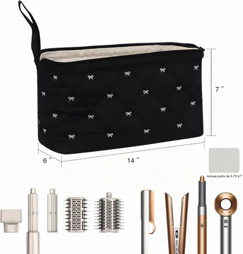 Vista 4 de Stratalife Bolsa de viaje acolchada para herramientas para el cabello con paño de pulido compatible con Dyson Airwrap Shark Flex Style, Arco negro