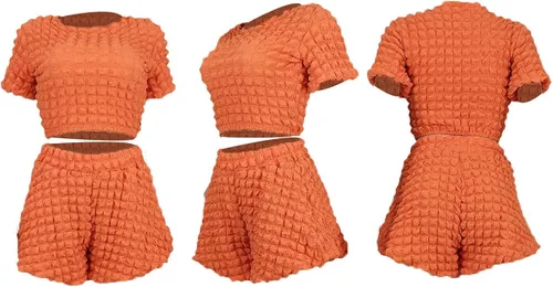 Vista 6 de Salimdy Conjunto deportivo de 2 piezas para mujer, talla grande, camiseta corta de manga abombada y pantalones cortos con cintura elástica