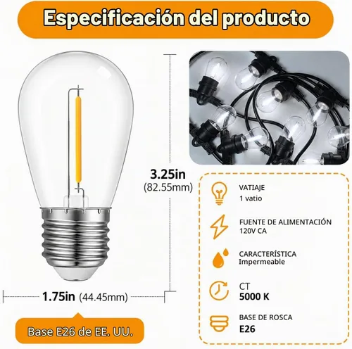 Vista 2 de Visther 5000K S14 Outdoor String Light Replacement Bulbs for Patio, 24-Pack 5000K Blanco luz día