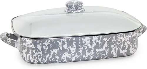 Vista 8 de Golden Rabbit Enamelware - Sartén para asar con tapa, 10.5 cuartos de galón, Black Swirl
