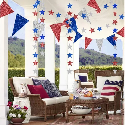 Vista 5 de Decor365 Juego de decoraciones patrióticas del 4 de julio, banderines de estrellas con purpurina, banderines rojos, blancos y azules, guirnalda