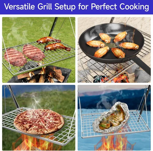 Vista 5 de Bruntmor - Soporte de cocina para fogata, parrilla para utensilios de cocina, horno holandés Bruntmor patas plegables ajustables con ganchos