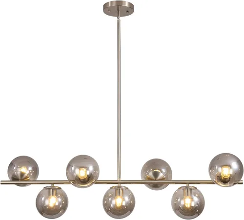 Vista 10 de KCO Iluminación Moderna Candelabro Colgante Lineal de Latón con 7 Luces de Cristal Dorado y Blanco, Iluminación Colgante Globo de Mediados de Siglo