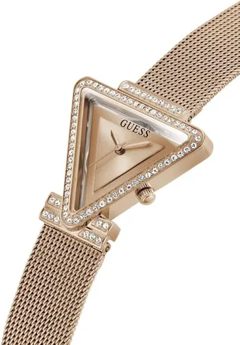 Vista 4 de GUESS US - Reloj analógico de malla triangular en tono oro rosa para mujer, plateado