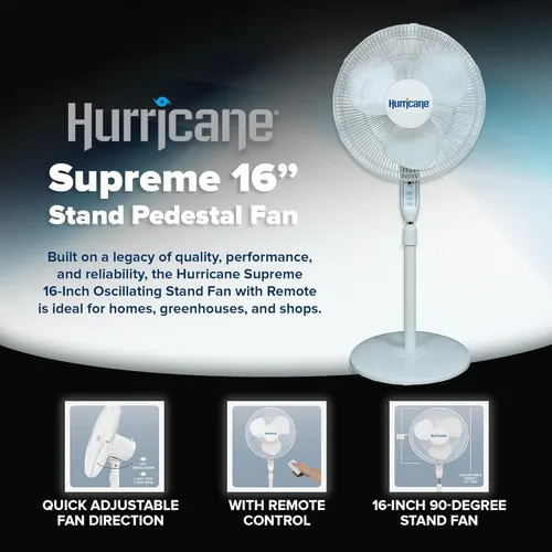 Vista 2 de Hurricane Ventilador de pedestal oscilante para el hogar y el dormitorio, 16 pulgadas supremo, blanco, ventilador eléctrico portátil de pie
