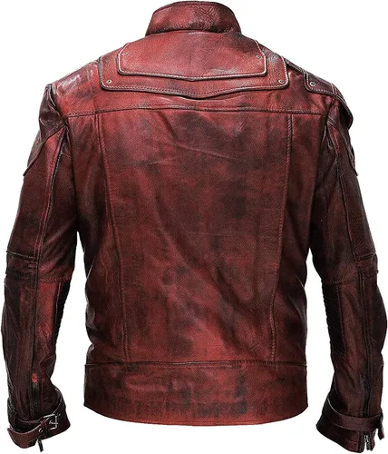 Vista 5 de Chaqueta roja de cuero de motociclista para hombre, abrigopantalones desgastados, chaqueta de cuero granate para motocicleta Cosplay