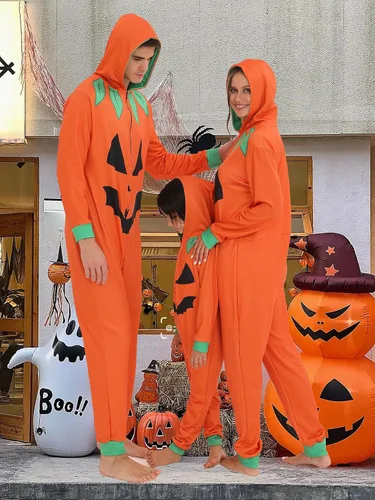 Vista 3 de Pijama familiar de Halloween para disfraz de calabaza para adultos, pijamas a juego para parejas y niños