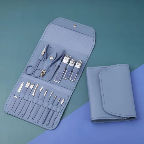 Vista 2 de Juego de manicura, cortaúñas, kit de pedicura, kit de aseo profesional 16 en 1, acero inoxidable, tijeras para uñas de los pies con lujosa funda