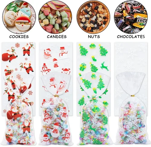 Vista 6 de Boerni 100 bolsas de celofán de Navidad, bolsas de plástico para violonchelo de Navidad con lazos giratorios para dulces, galletas, golosinas