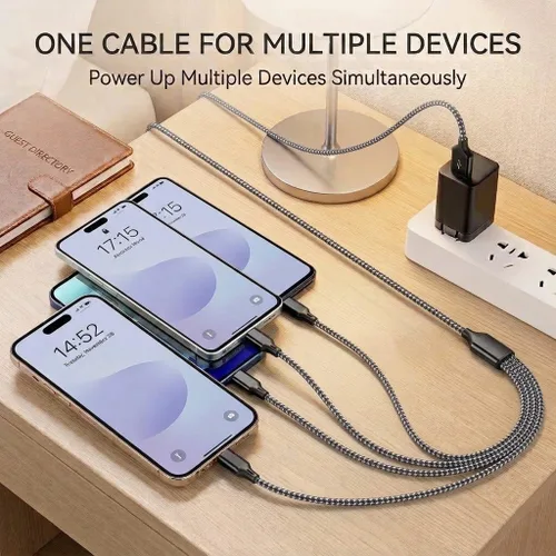 Vista 6 de Doub Tyep-C - Cable de carga múltiple 4 en 1 de 4 pies, cable de carga de nailon trenzado Lightning para iPhone, cable de carga universal con tipo