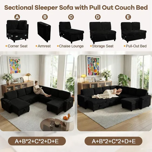 Vista 5 de Sofá cama modular de 103.5 pulgadas con cama extraíble, sofá de gran tamaño con almacenamiento, sofá modular para sala de estar, color beige Negro