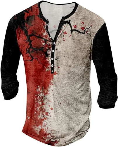 Vista 30 de MARSVOVO Camisetas Henley para hombre, camisetas gráficas artísticas, cuello en V, sin cuello, manga larga, casual, ajustadas, camisas