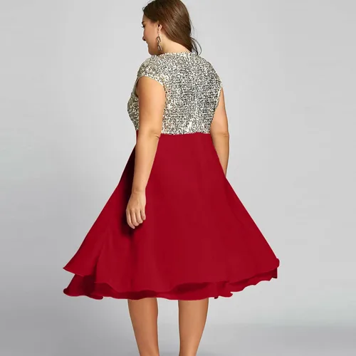 Vista 7 de New Years Eve Outfit Large Size Round Neck Solid Color Chiffon Sequin Sleeveless Zipper New Years Dress