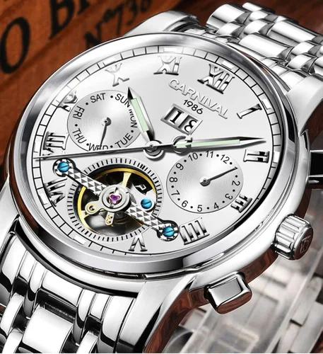 Vista 2 de CARNIVAL Mens tourbillon Automatic Mechanical Watch Silver Stainless Steel Multifunction Blue Watches