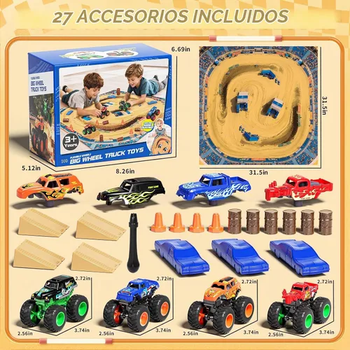 Vista 5 de Camión monstruo de 27 piezas con alfombra de juego Arena y carcasas 1:64 Mini camiones de juguete con rampas y barriles, juego de carreras
