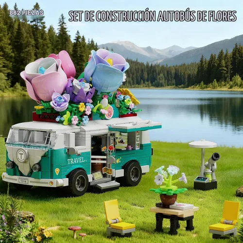 Vista 2 de Juego de bloques de construcción de coche floral, conjunto de construcción de furgoneta camper de la ciudad, colección botánica de flores