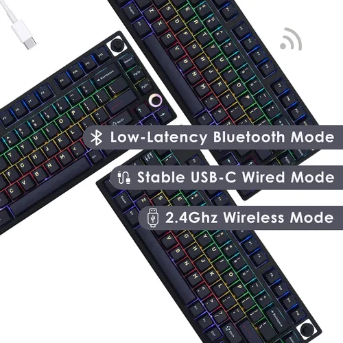 Vista 4 de KEYMECHER Teclado mecánico para juegos 75%, retroiluminación RGB Hotswap inalámbrico con Bluetooth, conexión de 2.4G y cable, interruptores