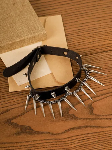 Vista 7 de Sacina Gargantilla gótica punk con pinchos, gargantilla negra, gargantilla de cuero con pinchos, gargantilla gótica, collar de Halloween, regalo