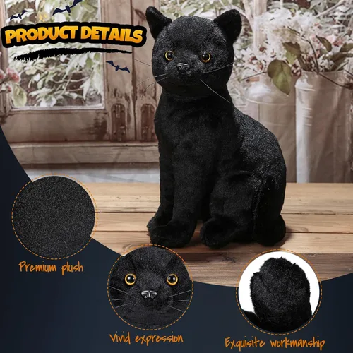 Vista 3 de Libima Peluche de gato negro de Halloween de 13 pulgadas, animal de peluche realista de gato suave y lindo, almohada de juguete, regalos para niños