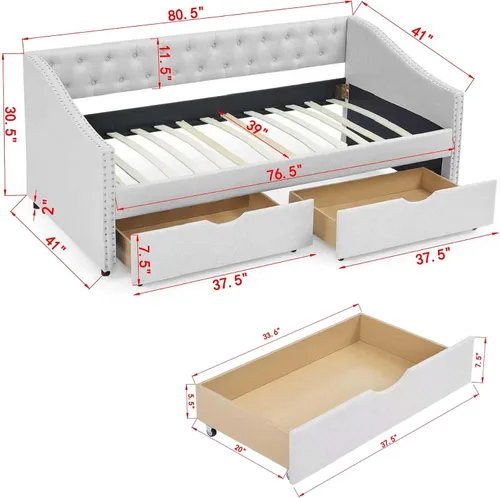 Vista 2 de Sofá cama individual con 2 cajones, moderno sofá cama tapizado con botón en la espalda y clavos de cobre en los brazos, sofá cama, marco de cámara