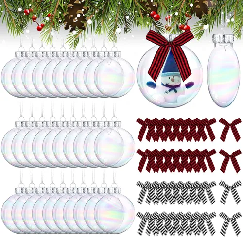 Vista 8 de Yookeer 64 discos de plástico para adornos navideños, bolas de plástico iridiscentes transparentes rellenables con tapa plateada y lazos a cuadros