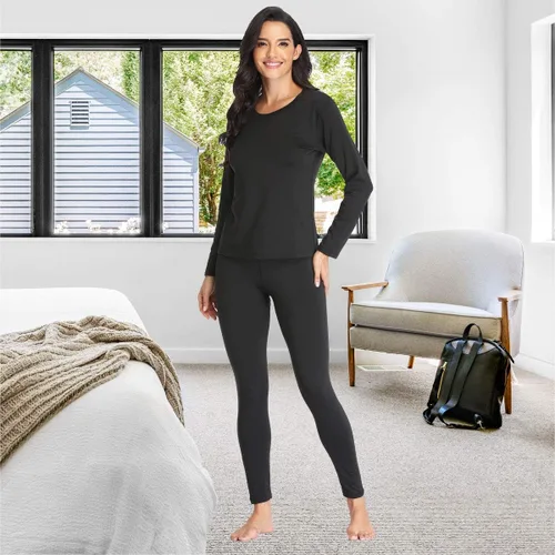 Vista 6 de Conjunto de ropa interior térmica para mujer con forro polar ligero ultra suave, juego largo de John que absorbe la humedad, Negro